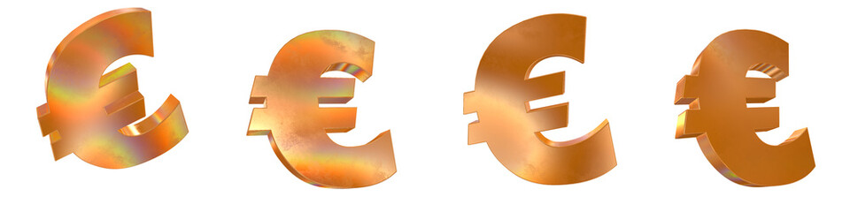 Set of 4 3d euro symbol shapes with golden and rainbow effects isolated on a transparent background. 3d elements for graphic design.