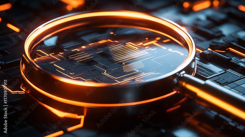 Poster High Tech Magnifying Glass with Glowing Circuit Board Background : Generative AI