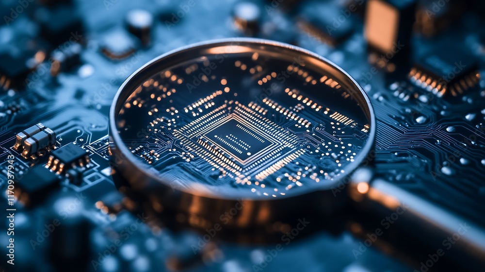 Aufkleber Silicon Microchip on Circuit Board with Magnifying Glass Highlighting Technology Details : Generative AI