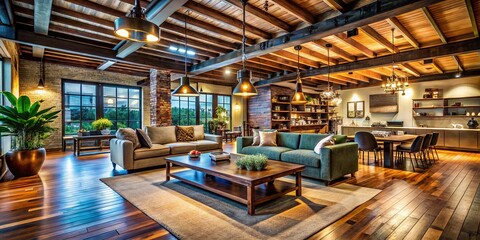 Fototapeta premium Long Exposure: Eclectic Industrial Rustic Open Floor Plan Interior Design