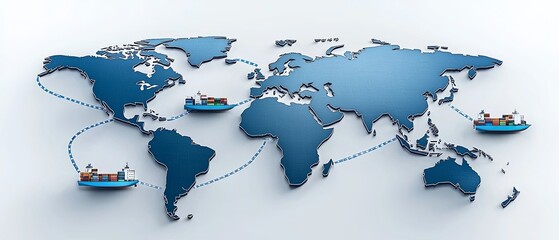 Fototapeta premium Globalization trade exchange concept, A stylized world map with ships navigating trade routes, illustrating global shipping and maritime logistics.