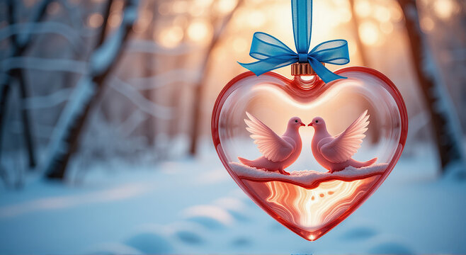 Glass decoration in the chape of a heart. Inside there is an engraving of yours, take in the doves. Background of snowy forest at dawn