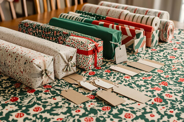 Fototapeta premium Festive holiday gift wrapping ideas home diy project cozy indoor close-up creative inspiration