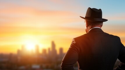 A man in a suit and hat looking out over a city at sunset