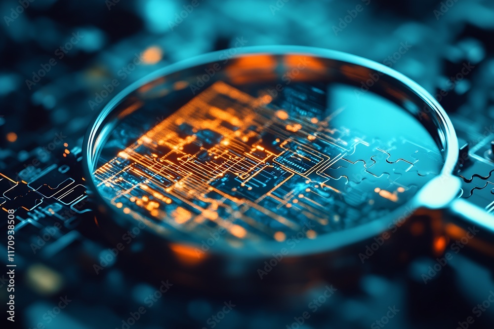 Leinwandbilder digital circuit board puzzle under magnifying lens illuminated with bright orange light : generative