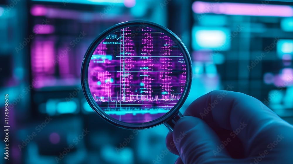 Poster Digital data intricacies examined through a magnifying glass with neon interface for tech analysis : Generative AI