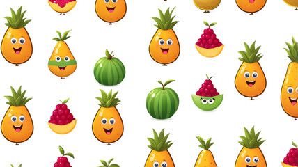 Happy cartoon fruits pattern with pineapples, pears, raspberries, and gooseberries on black background.