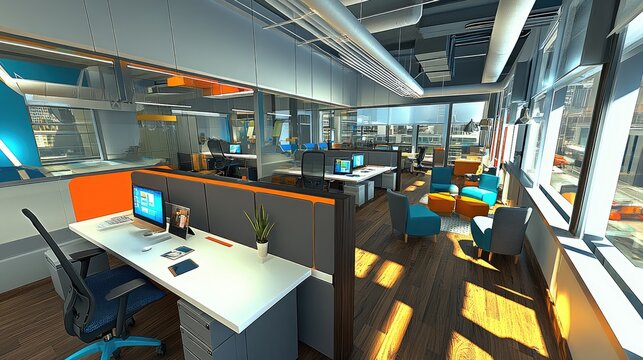 Modern office space with workstations and collaborative seating areas.
