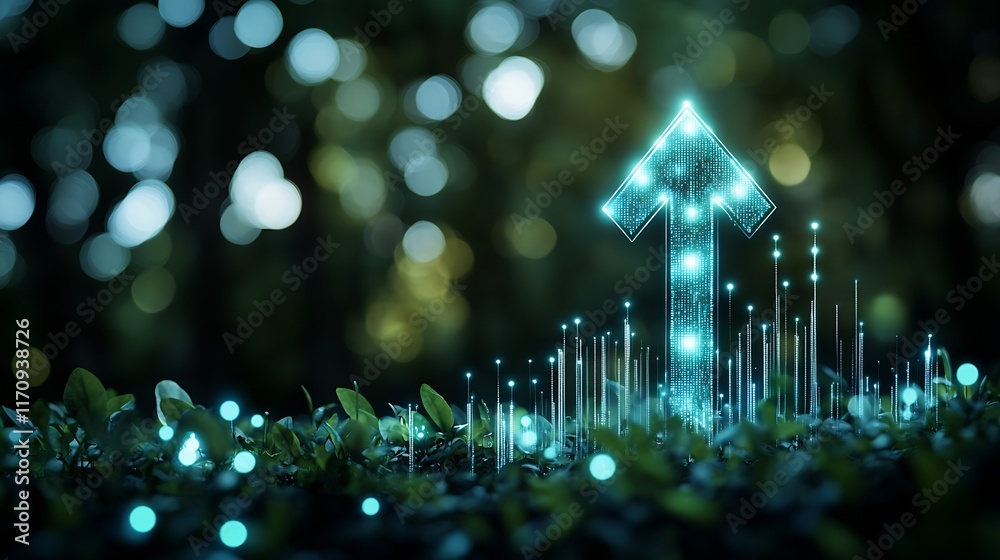 Poster Digital Growth Concept with Illuminated Arrow Among Greenery Reflecting Innovation and Progress : Generative AI
