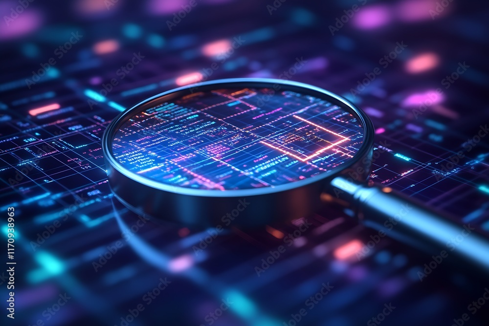 Poster futuristic technology concept with magnifying glass on digital circuit board : generative ai