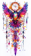 A vibrant, colorful illustration of a bird with feathers and decorative elements.