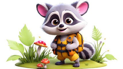 Cute cartoon raccoon wearing a life vest and backpack standing in a grassy area with mushrooms.