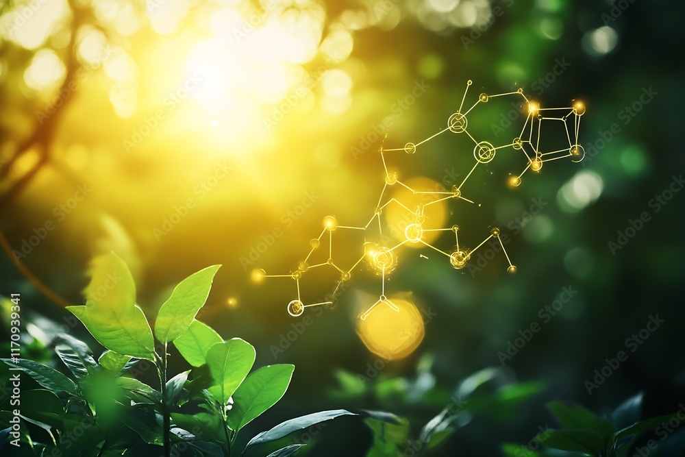 Poster Nature and technology fusion with molecular illustration in forest backdrop : Generative AI