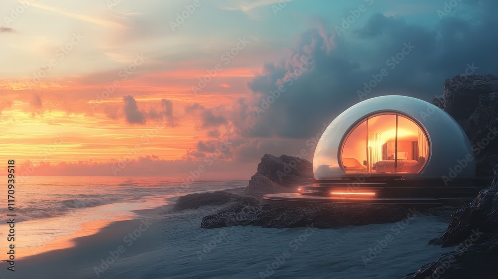 Sticker Futuristic Dome Home on a Secluded Beach at Sunset