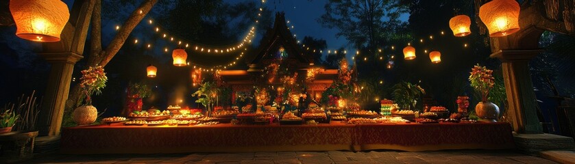 A vibrant outdoor feast with decorative lights and an array of dishes under a night sky.