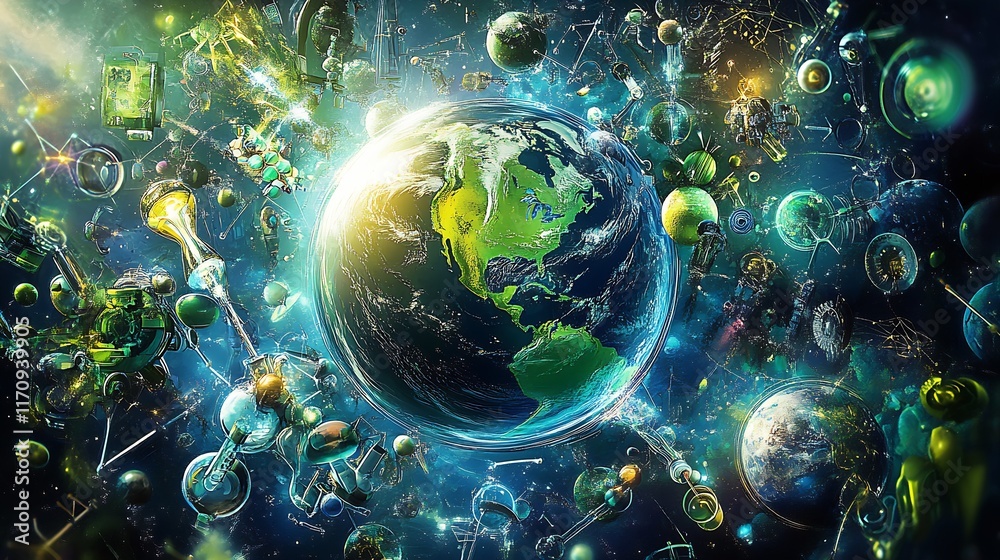 Aufkleber Earth at the Center of a Futuristic Celestial Network in a Fantasy Sci Fi Setting : Generative AI