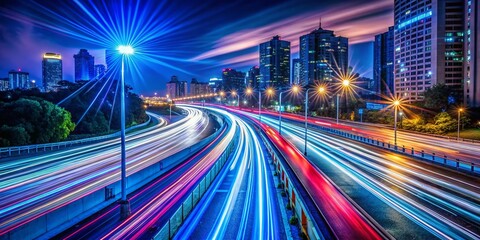 Fototapeta premium Long Exposure Light Trails at Night, Cityscape, Urban, Abstract, Glowing Streaks