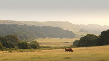 Obraz premium A serene landscape featuring a lone cow grazing in a vast, green field surrounded by hills.