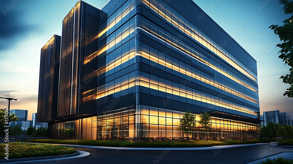 Aufkleber contemporary corporate office building with illuminated windows at dusk in urban setting : generativ