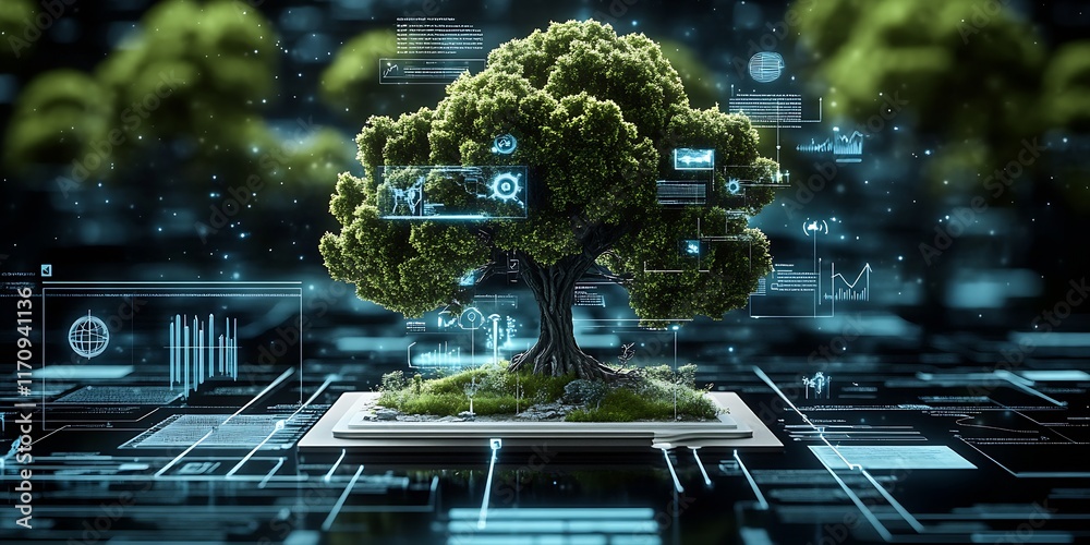 Aufkleber Advanced technological landscape merging digital data with nature : Generative AI