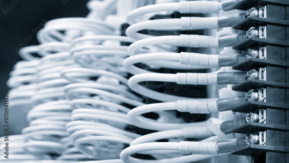 Poster network cables connected to a switch, network internet communication concept background