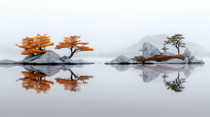 Misty Lake Autumn Trees Illustration