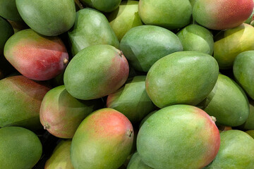 Fresh mangos in a supermarket, background, close-up for food blogger