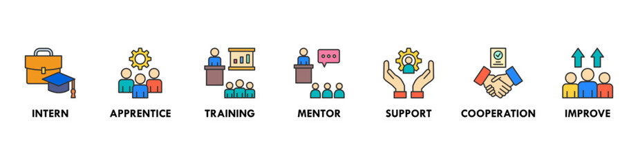 Trainee banner web icon vector illustration concept for internship training and learning program apprenticeship with an icon of  intern, apprentice, training, mentor, support, cooperation, and improve