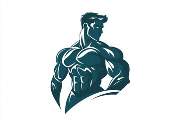 A dynamic silhouette of a muscular man exudes power and athleticism through strong contours and curves. The design emphasizes the physique and strength, suggesting an active lifestyle