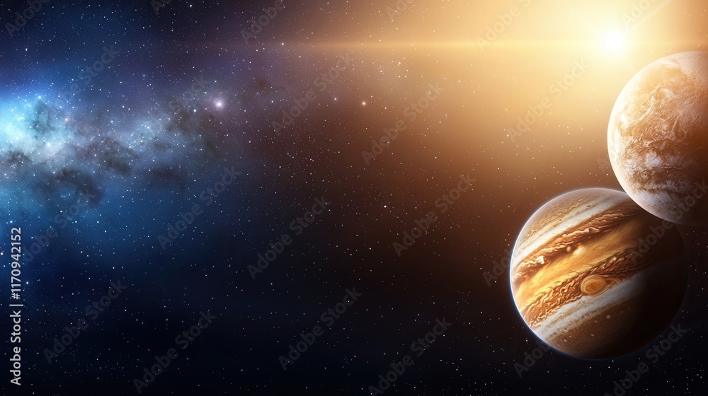 Wall mural a group of planets in space with stars and milky way in the background