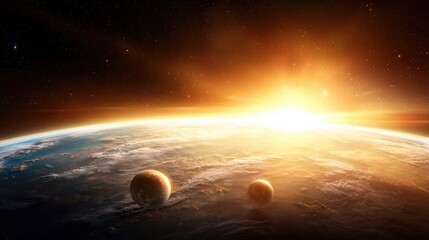 Obraz premium A view of the sun setting over the earth with two planets in the foreground