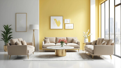 Mockup poster frame on the wall of living room. Luxurious apartment background with contemporary design. Modern interior design. 