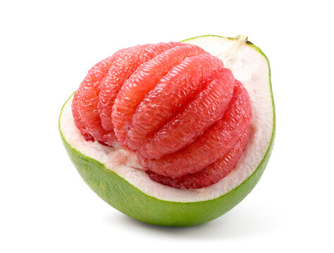 Red pomelo (tubtim siam or ruby siam) half peeled isolated on white. Clipping path.