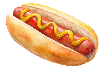 Watercolor hot dog, classic American snack, mustard topping, vibrant colors, food illustration, culinary art.