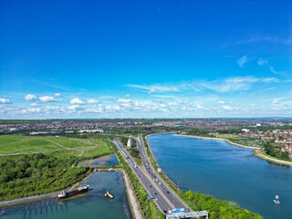 Portsmouth City Located at Beach and Sea Front Port Docks of England’s south coast, United Kingdom. Aerial Footage Was Captured with Drone's Camera on May 15th, 2024.
