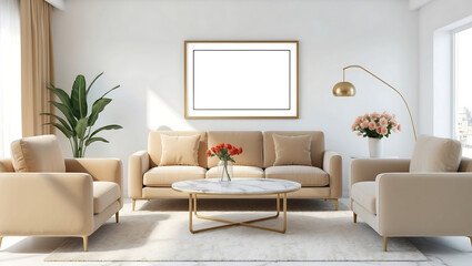 Mockup poster frame on the wall of living room. Luxurious apartment background with contemporary design. Modern interior design. 