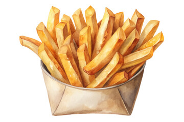 Crispy golden fries, fast food favorite, watercolor illustration, delicious snack, appetizing presentation.