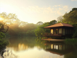 Obraz premium Perched on edge of a tranquil, glistening lake, eco-friendly bungalow offers a breathtaking panoramic view of surrounding lush greenery, with morning sun casting a warm, golden glow over serene water