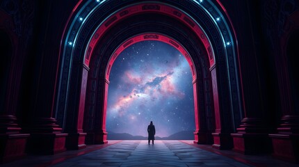 Fototapeta premium Cosmic Gateway: A Man Silhouetted Against a Starry Archway