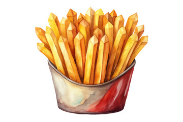 Watercolor illustration of crispy fries, vibrant golden color, fast food favorite, delicious snack option.