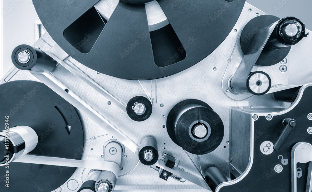 Poster fragment of the conveyor of sticking labeling machine. abstract industrial background.