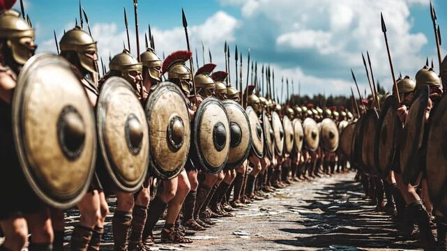 Ancient Greek Phalanx Soldiers Prepare for Battle With Shields and Spears