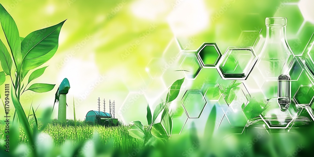 Poster Sustainable Future Concept with Green Energy and Biotechnology Elements Blend : Generative AI