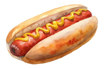 Watercolor hot dog illustration, classic street food, vibrant colors, delicious toppings, summer picnic favorite.