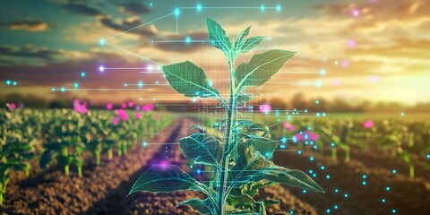 Future of Agriculture with UltraModern Plant Technology and AI Enhanced Farming in Scenic Sunset : Generative AI