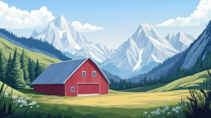 Obraz premium Red Barn nestled in a verdant valley amidst majestic mountains