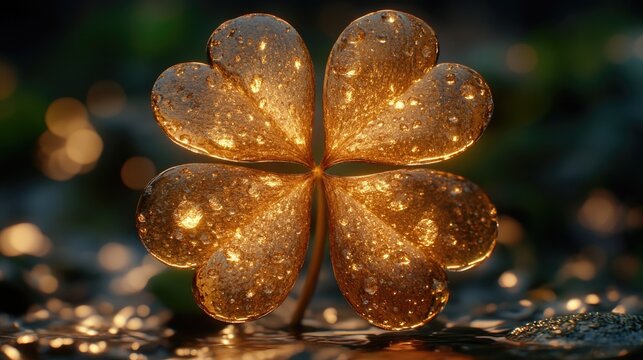 Golden four-leaf clover with dew in a magical setting. Happy St. Patrick's Day