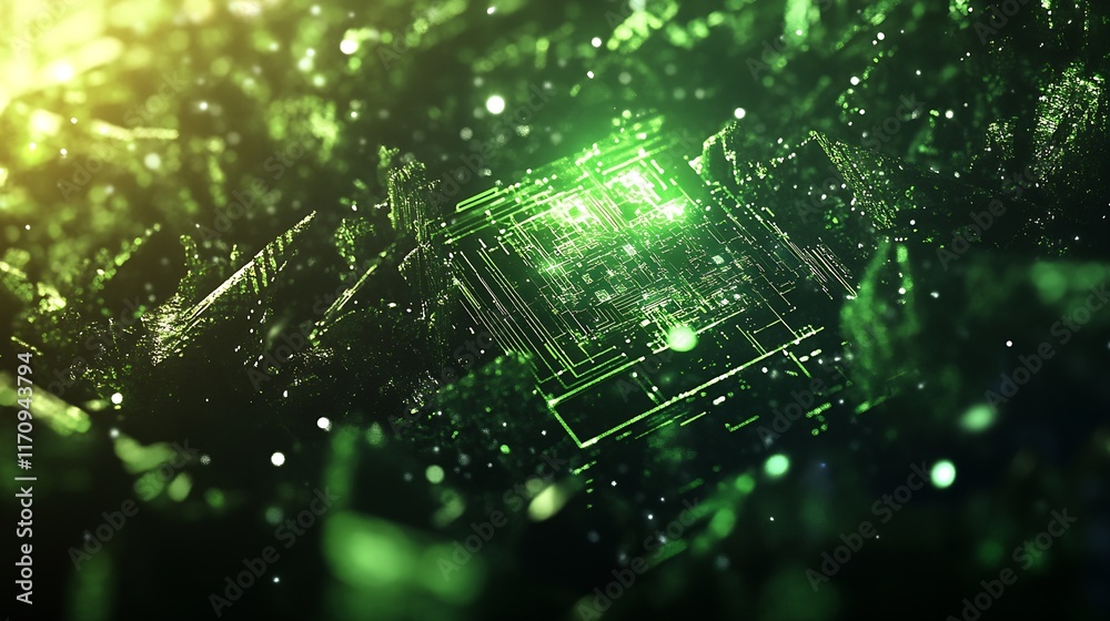 Poster complex electronic microchip emanating green light in digital forest : generative ai