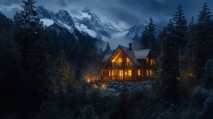 Fototapeta premium Illuminated Log Cabin nestled in a Snowy Mountain Forest