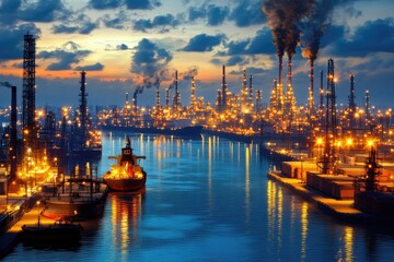 Naklejka premium A vibrant industrial scene at dusk with illuminated factories and ships on a calm waterway.